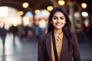 Fototapeta premium Young beautiful woman portrait, indian student girl in a city, Young businesswoman smiling outdoor, People, enjoy life, student lifestyle, city life, business concept