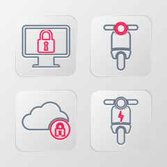 Set line Electric scooter, Cloud computing lock, Scooter and Lock on monitor icon. Vector