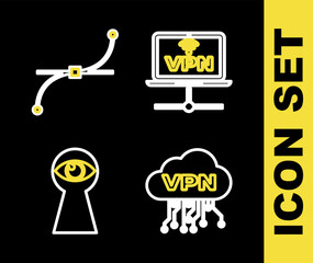 Set line VPN Computer network, Cloud interface, Keyhole with eye and Bezier curve icon. Vector