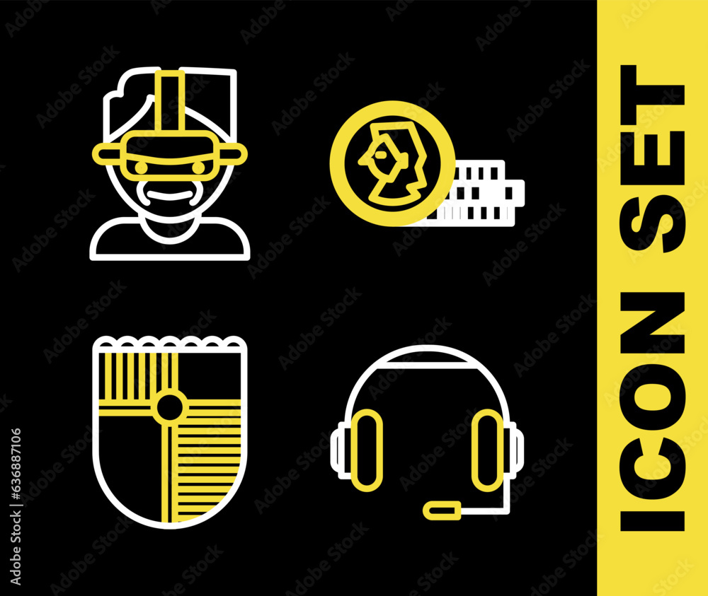 Sticker set line coin for game, headphones, shield and virtual reality glasses icon. vector