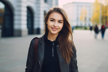 Young beautiful woman portrait, student girl in a city, Young businesswoman smiling outdoor, People, enjoy life, student lifestyle, city life, business concept