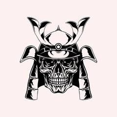 Skull hand drawn vector wearing samurai helmet japan