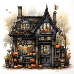 Fototapeta premium Watercolor illustration of a spooky castle on a cliff under a full moon, Halloween. AI Generated Images