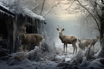 Wild animals seek shelter during freezing temperatures. - obrazy, fototapety, plakaty