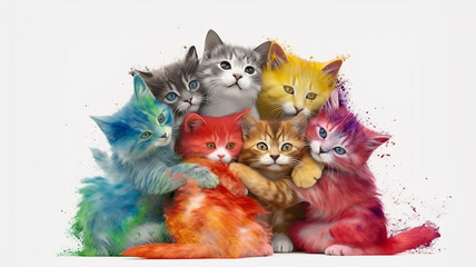 cute multicolored kittens on a white background, rainbow spectrum pride symbol.