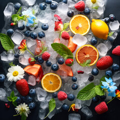 Fresh healthy tropical refreshment, delicious juicy, exotic fruit cut in half chilled and iced with ice cubes. Fruit salad background.