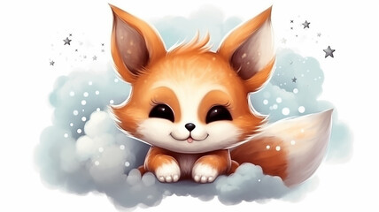 Fototapeta premium a fox cub sleeps on a cloud watercolor on a white background illustration of the little prince.