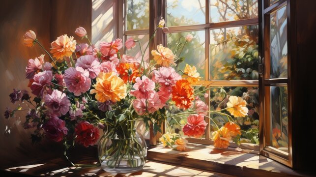 WATERCOLOR PAINTING. A BOUQUET OF COLORFUL FLOWERS IN FRONT OF A SUNNY WINDOW.