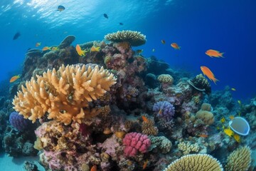 Obraz na płótnie Canvas Coral reef wallpaper showcasing tropical underwater ecosystem in an ocean. Generative AI
