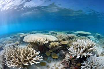 panoramic underwater view of a lifeless bleached coral reef