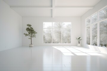 Fototapeta na wymiar Minimalist white room in a spacious house. Generative AI
