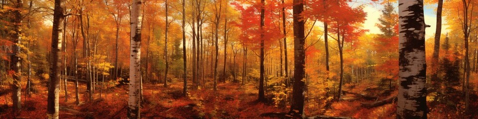 Panoramic view of the autumnal forest. Panoramic image.