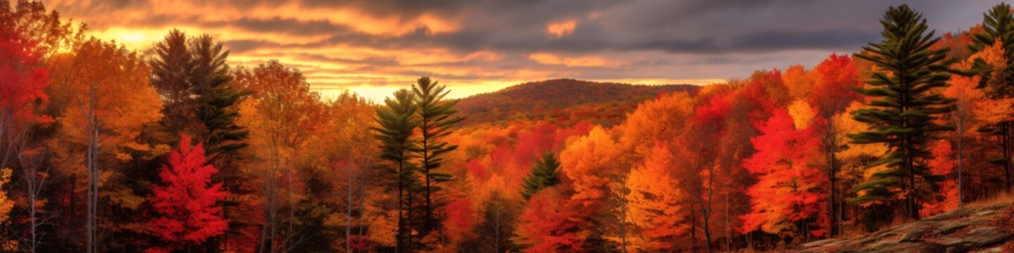 Panoramic view of autumn forest with colorful trees at sunset.