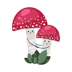 Funny fly agaric with faces, childrens cartoon character. Edible and inedible mushrooms, vector illustration.