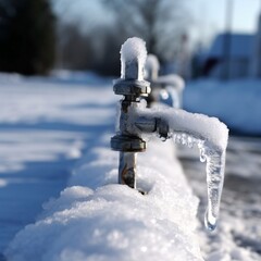 Frozen water pipe in winter, close up, shallow depth of field. Faucet in the snow, close-up, shallow depth of field