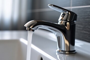 Water flows from the tap in the bathroom. Selective focus.