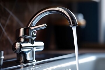 Water flows from the tap in the bathroom. Selective focus.