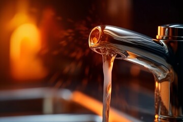 Hot water flows from the tap in the bathroom. Selective focus.