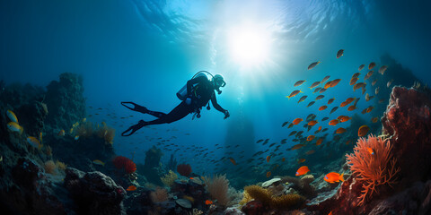 Naklejka na ściany i meble beautiful underwater reef scene with scuba diver and fishes