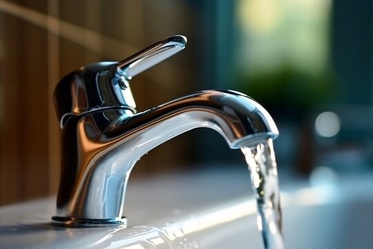 Water flows from the tap in the bathroom. Selective focus.
