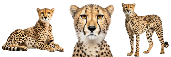 Collection of three african cheetahs (portrait, lying, standing), animal bundle isolated on a white background as transparent PNG