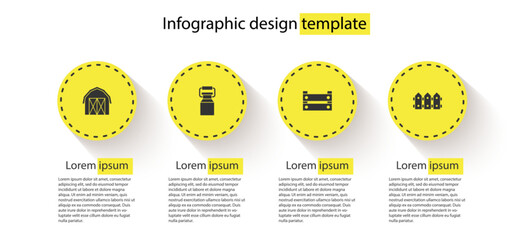 Set Farm house, Can container for milk, Wooden box and Garden fence wooden. Business infographic template. Vector