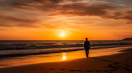 Silhouette of a person against the warm hues of a sunset-lit beach