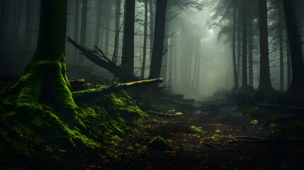 Mysterious forest covered in a thick layer of fog, evoking a sense of enchantment