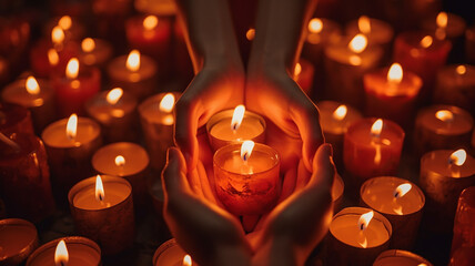 burning candle is held in the hand. the background is a lot of candles burning, grief, a ritual of memory.