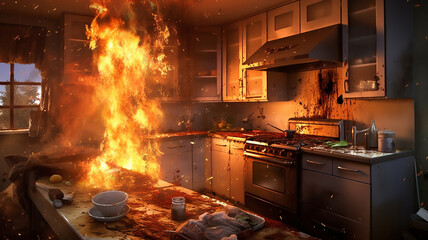 a fire in the kitchen. burning room interior trouble problem.
