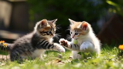 Naklejka na ściany i meble Two Kittens Chasing Each Other in the Grass.Generative Ai