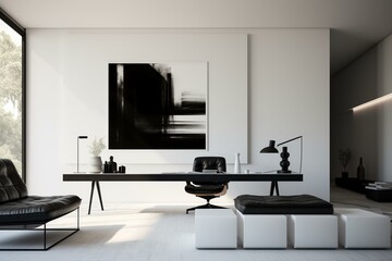 Sleek monochrome living space and contemporary minimalistic workspace. Generative AI