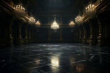 An empty ballroom or palace hall, immersed in darkness and stillness. Generative AI