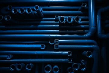 Horizontal background with pipes. Blue water pipes on dark blue. Generative AI
