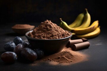 Healthy carob chocolate and fruit powder on dark background. A tasty alternative to chocolate with health benefits and soft contrast. Generative AI