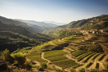 Fototapeta na wymiar Beautiful landscape of vineyards in Tarragona's Priorat wine region, Spain. Generative AI