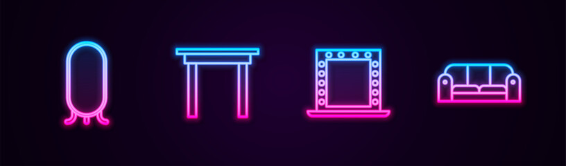 Set line Big full length mirror, Wooden table, Makeup with lights and Sofa. Glowing neon icon. Vector
