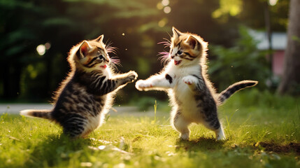 Obraz premium Two Kittens Chasing Each Other in the Grass.Generative Ai