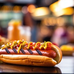 an american hot dog blurred restaurant in the background