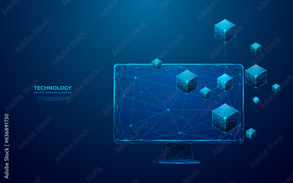 Aufkleber Abstract digital isometric blockchain icon on a computer monitor screen. Linked blocks Technology or metaverse concept. Vector illustration on blue background in futuristic low poly wireframe style.