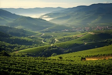 Fototapeta na wymiar Vast vineyards in Pontevedra, Spain producing exquisite Albariño white wine. Generative AI