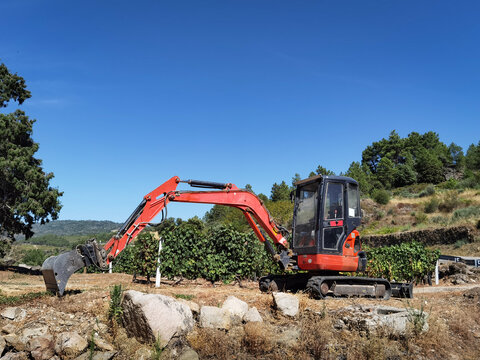 Retroescavadora a meio de uma fazenda para fazer trabalhos agriculas numa vinha