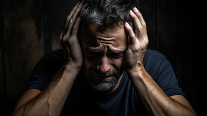 Concept of Physical and Psychological Exhaustion. The man's hands hold his head, shoulders slumped, and his facial expression shows tiredness and helplessness.