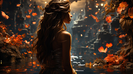 Fantasy art with a beautiful fairy-tale woman, an unusual creative image of a beautiful lady.