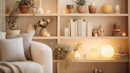 Design home interior, Bookcase, Boho, Generative AI