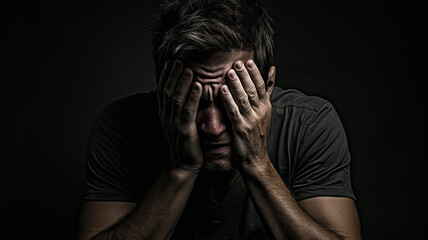 Concept of Physical and Psychological Exhaustion. The man's hands hold his head, shoulders slumped, and his facial expression shows tiredness and helplessness.