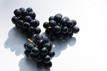 水に濡れたナガノパープル(大粒ブドウ)の白背景写真