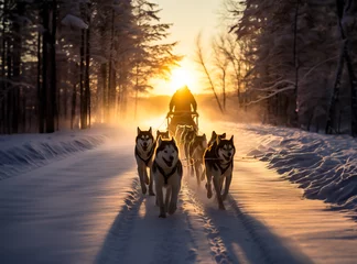 Fotobehang Husky sled dogs pulling a sled in arctic mountain wilderness. Shallow field of view. © henjon