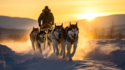 Husky sled dogs pulling a sled in arctic mountain wilderness. Shallow field of view.