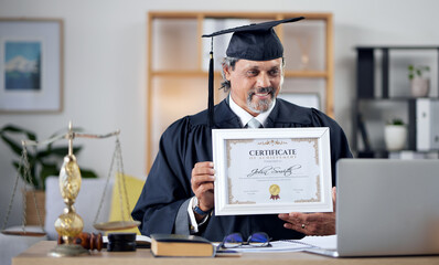 Laptop, video call and certificate with a man judge in his office, proud of an award as a law...